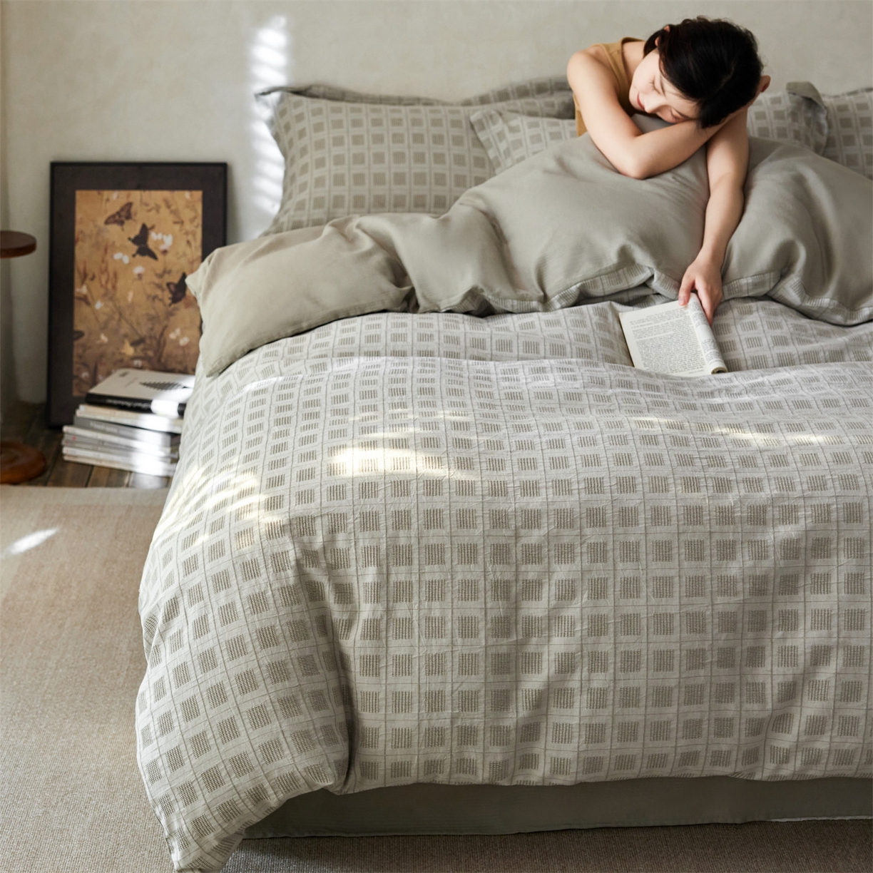 91家纺网 家纺一手货源 找家纺 笙意家纺 2025新款全棉A版棉麻提花B版13372四件套-乔屿系列 乔屿绿