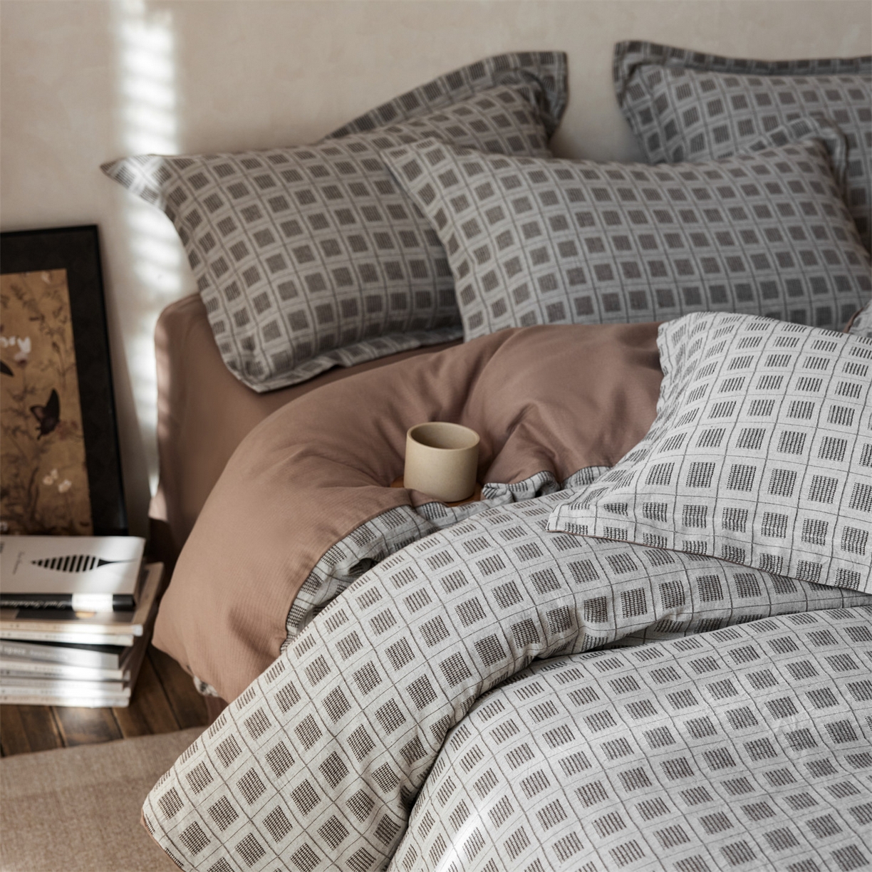 91家纺网 家纺一手货源 找家纺 笙意家纺 2025新款全棉A版棉麻提花B版13372四件套-乔屿系列 乔屿棕