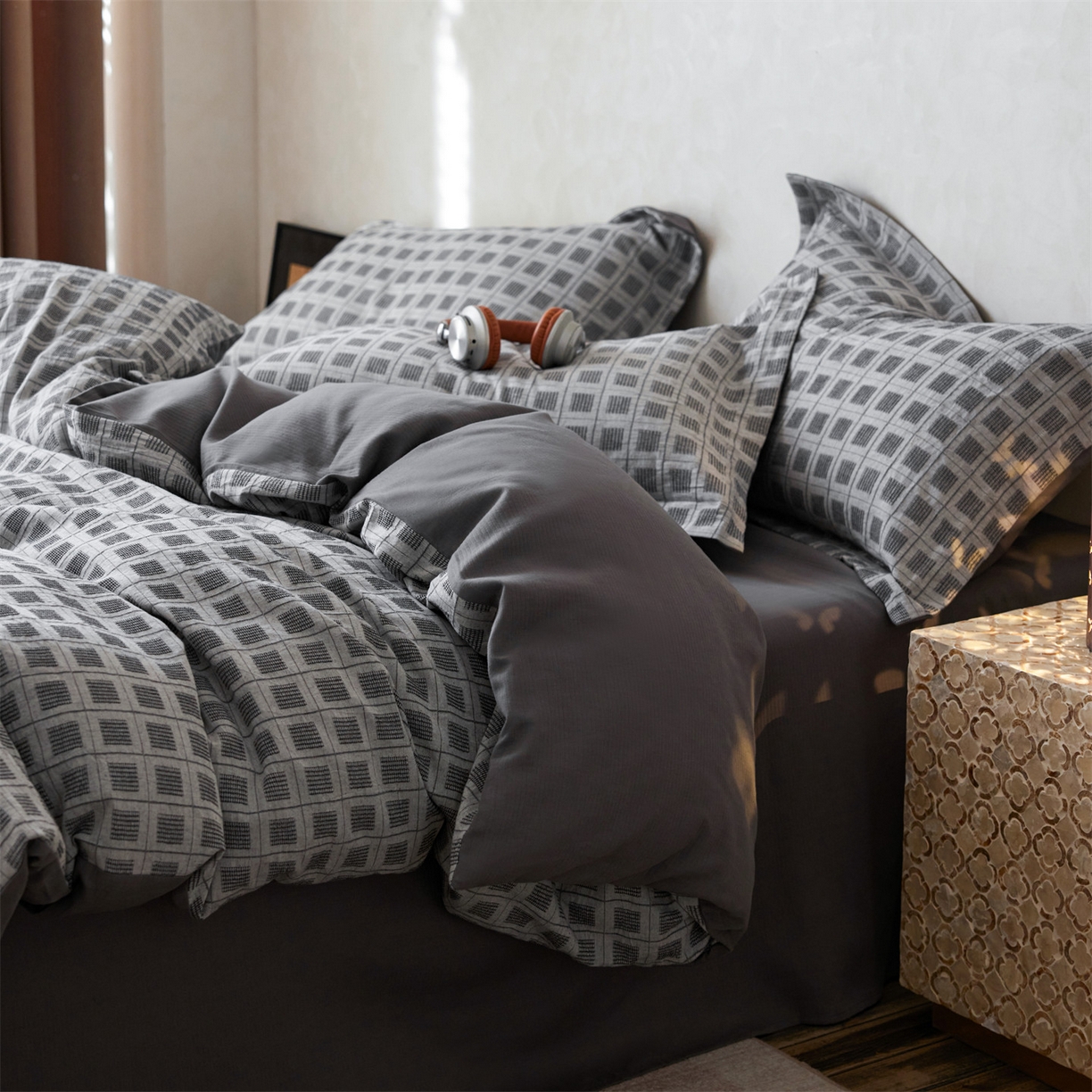 91家纺网 家纺一手货源 找家纺 笙意家纺 2025新款全棉A版棉麻提花B版13372四件套-乔屿系列 乔屿蓝