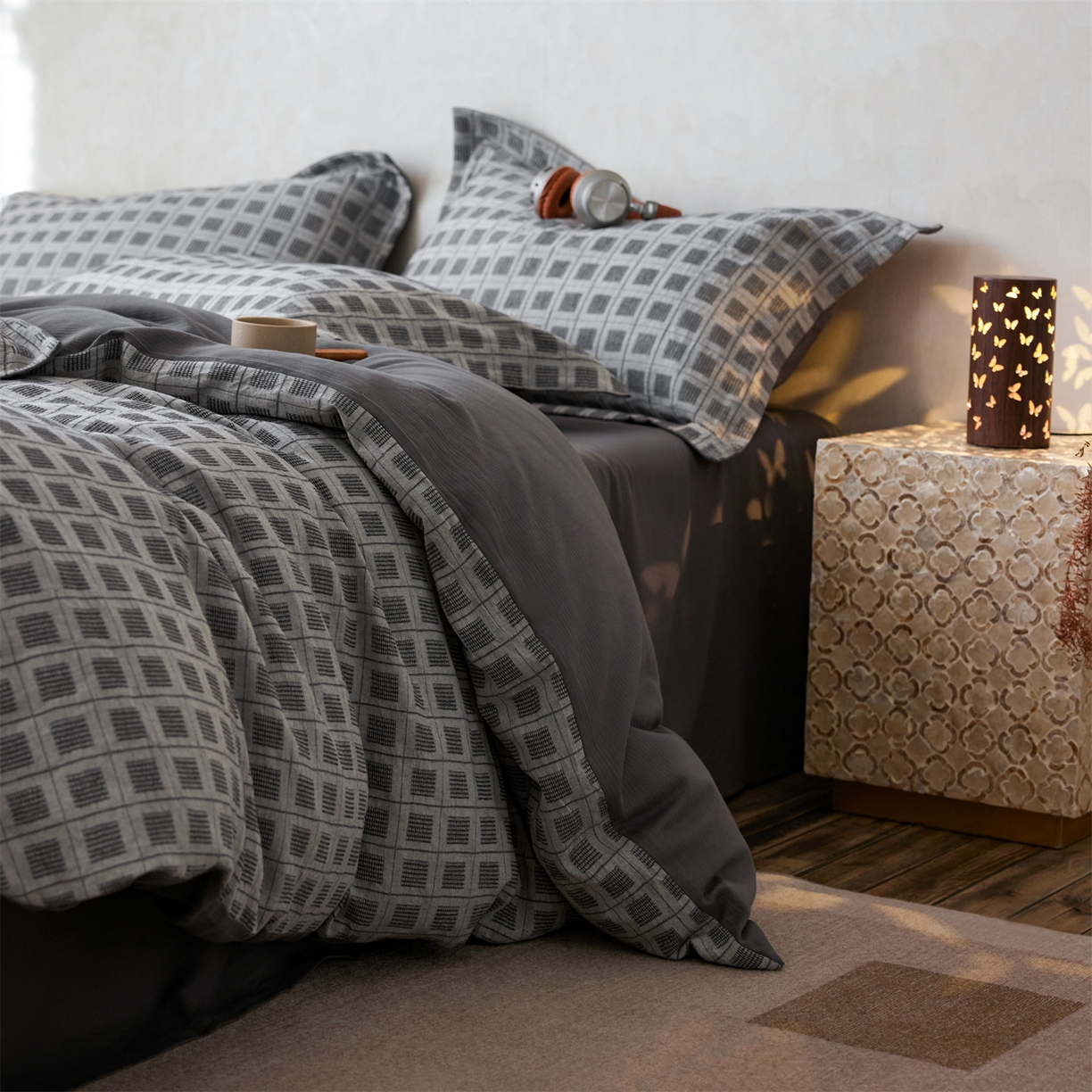 91家纺网 家纺一手货源 找家纺 笙意家纺 2025新款全棉A版棉麻提花B版13372四件套-乔屿系列 乔屿蓝