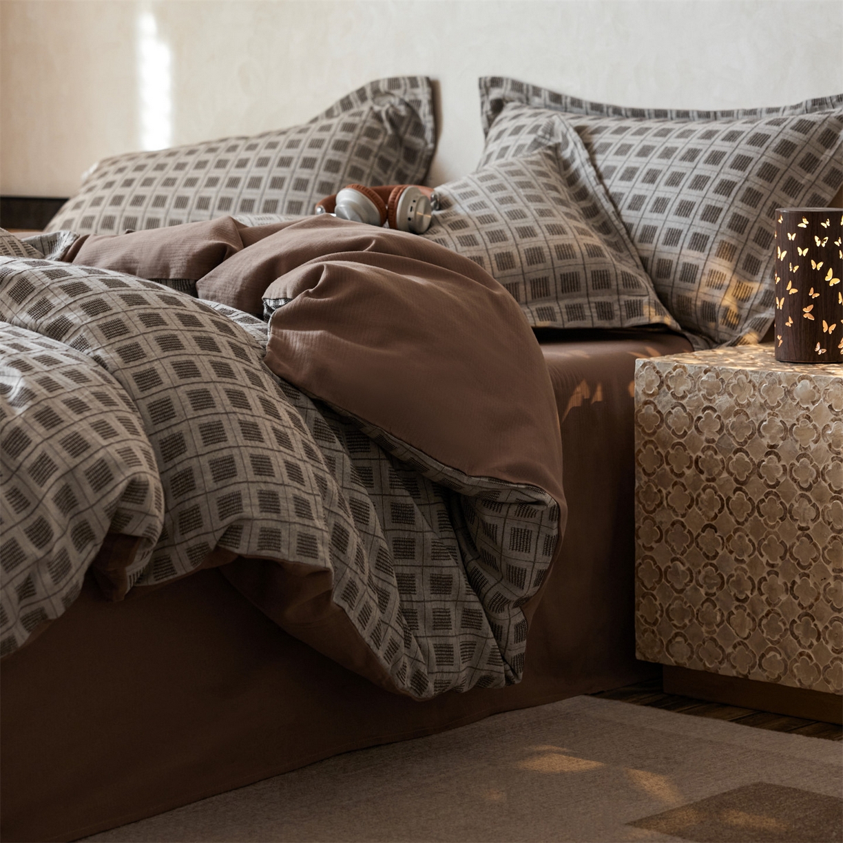 91家纺网 家纺一手货源 找家纺 笙意家纺 2025新款全棉A版棉麻提花B版13372四件套-乔屿系列 乔屿棕