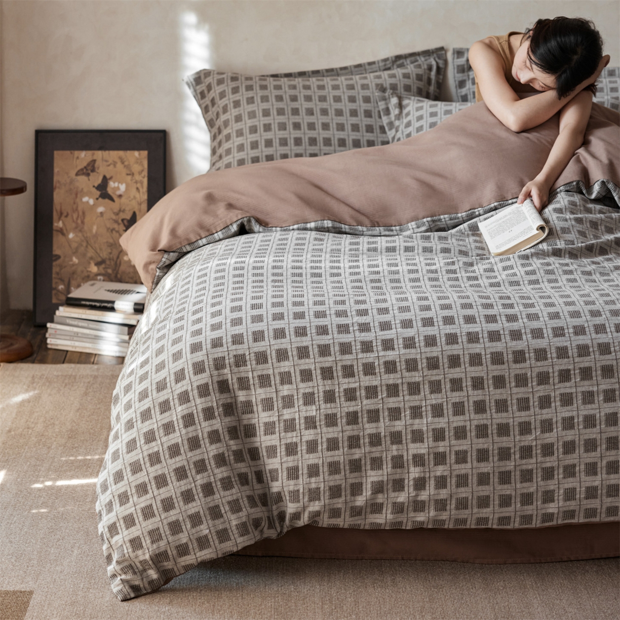 91家纺网 家纺一手货源 找家纺 笙意家纺 2025新款全棉A版棉麻提花B版13372四件套-乔屿系列 乔屿棕