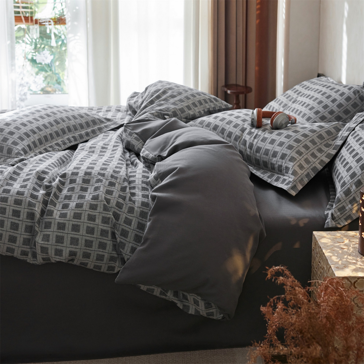 91家纺网 家纺一手货源 找家纺 笙意家纺 2025新款全棉A版棉麻提花B版13372四件套-乔屿系列 乔屿蓝