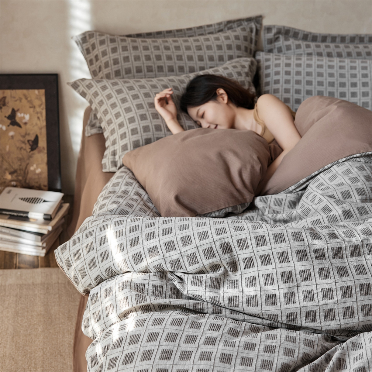 91家纺网 家纺一手货源 找家纺 笙意家纺 2025新款全棉A版棉麻提花B版13372四件套-乔屿系列 乔屿棕