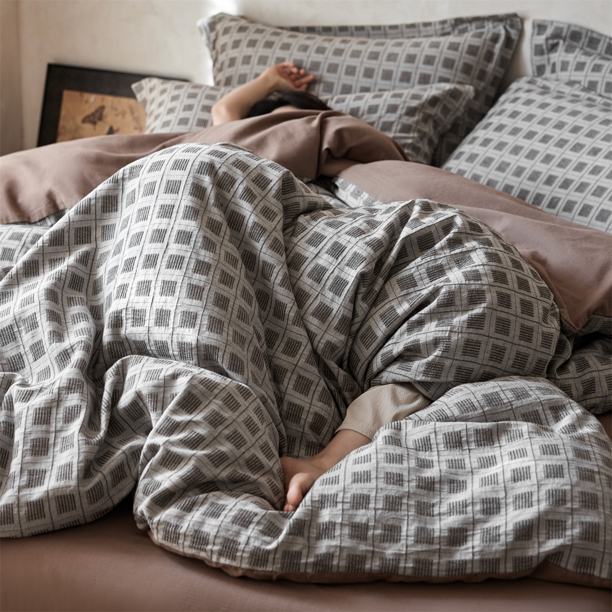 91家纺网 家纺一手货源 找家纺 笙意家纺 2025新款全棉A版棉麻提花B版13372四件套-乔屿系列 乔屿棕