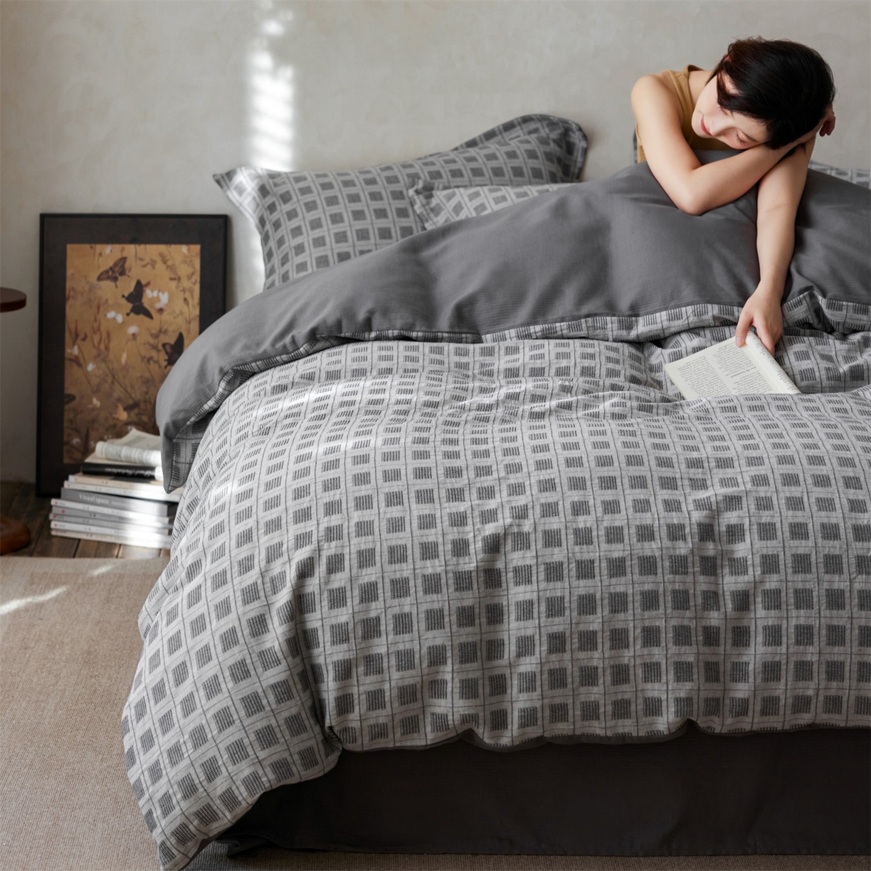 91家纺网 家纺一手货源 找家纺 笙意家纺 2025新款全棉A版棉麻提花B版13372四件套-乔屿系列 乔屿蓝