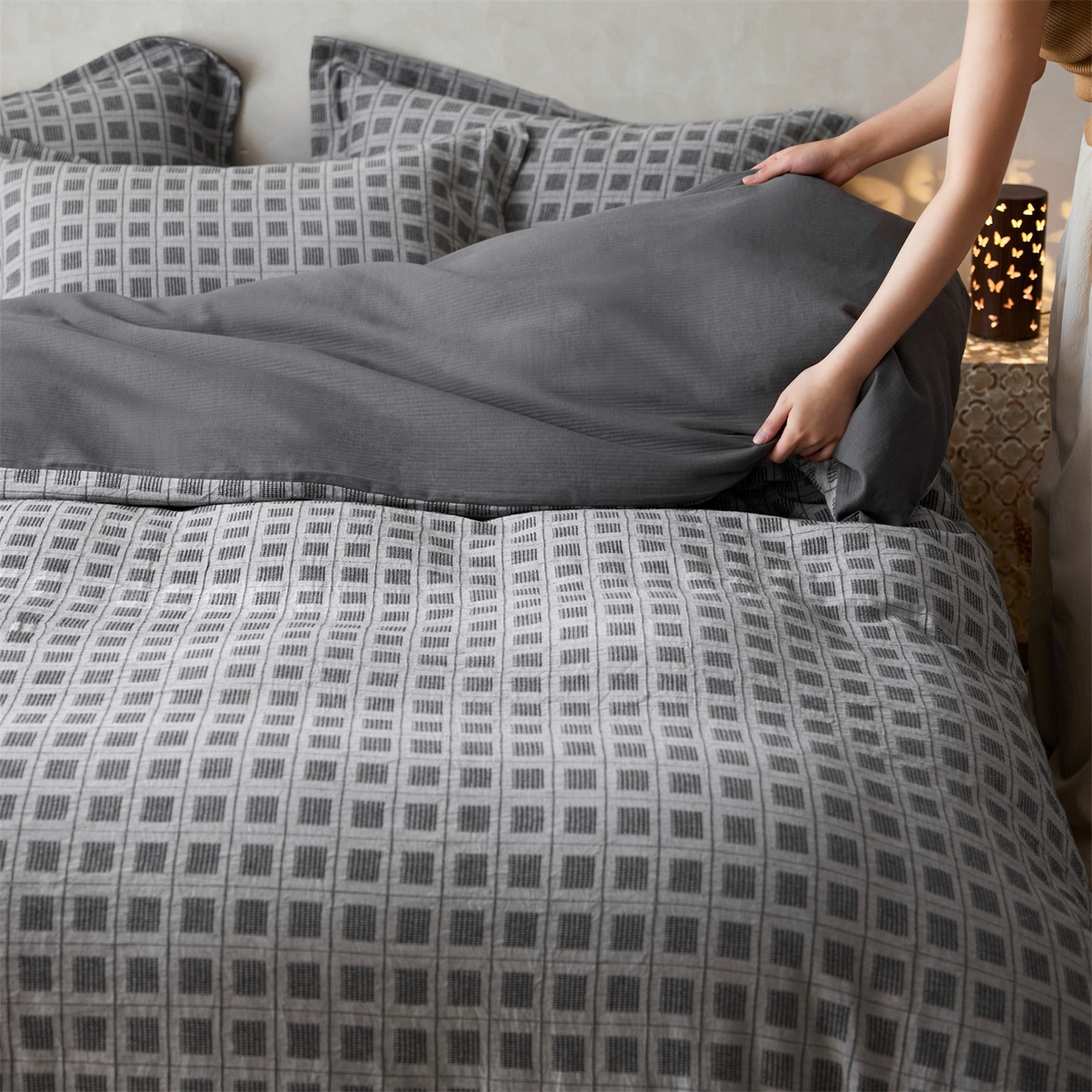 91家纺网 家纺一手货源 找家纺 笙意家纺 2025新款全棉A版棉麻提花B版13372四件套-乔屿系列 乔屿蓝