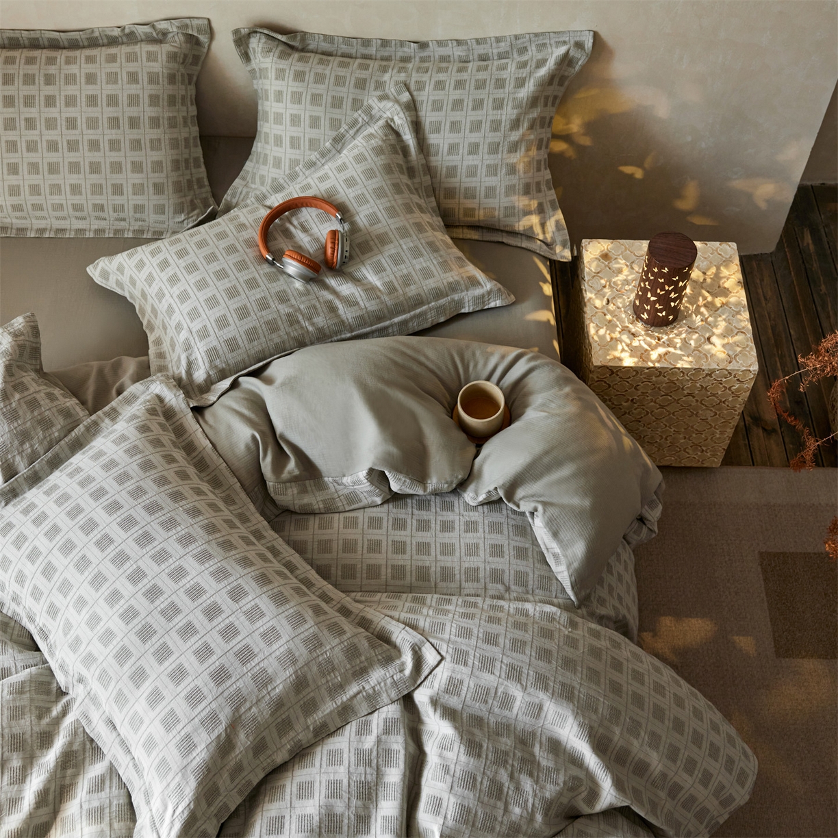 91家纺网 家纺一手货源 找家纺 笙意家纺 2025新款全棉A版棉麻提花B版13372四件套-乔屿系列 乔屿绿