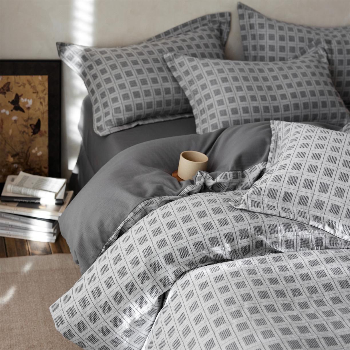 91家纺网 家纺一手货源 找家纺 笙意家纺 2025新款全棉A版棉麻提花B版13372四件套-乔屿系列 乔屿蓝