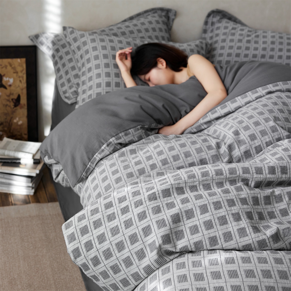 91家纺网 家纺一手货源 找家纺 笙意家纺 2025新款全棉A版棉麻提花B版13372四件套-乔屿系列 乔屿蓝