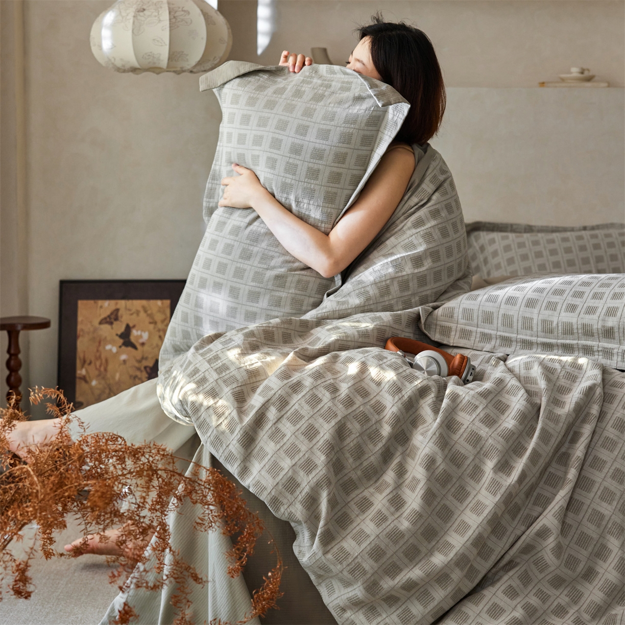 91家纺网 家纺一手货源 找家纺 笙意家纺 2025新款全棉A版棉麻提花B版13372四件套-乔屿系列 乔屿绿