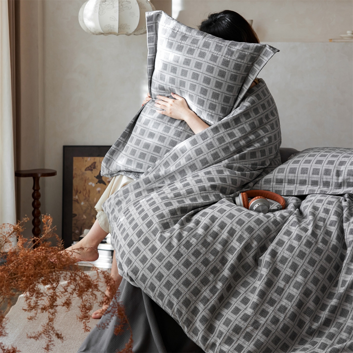 91家纺网 家纺一手货源 找家纺 笙意家纺 2025新款全棉A版棉麻提花B版13372四件套-乔屿系列 乔屿蓝