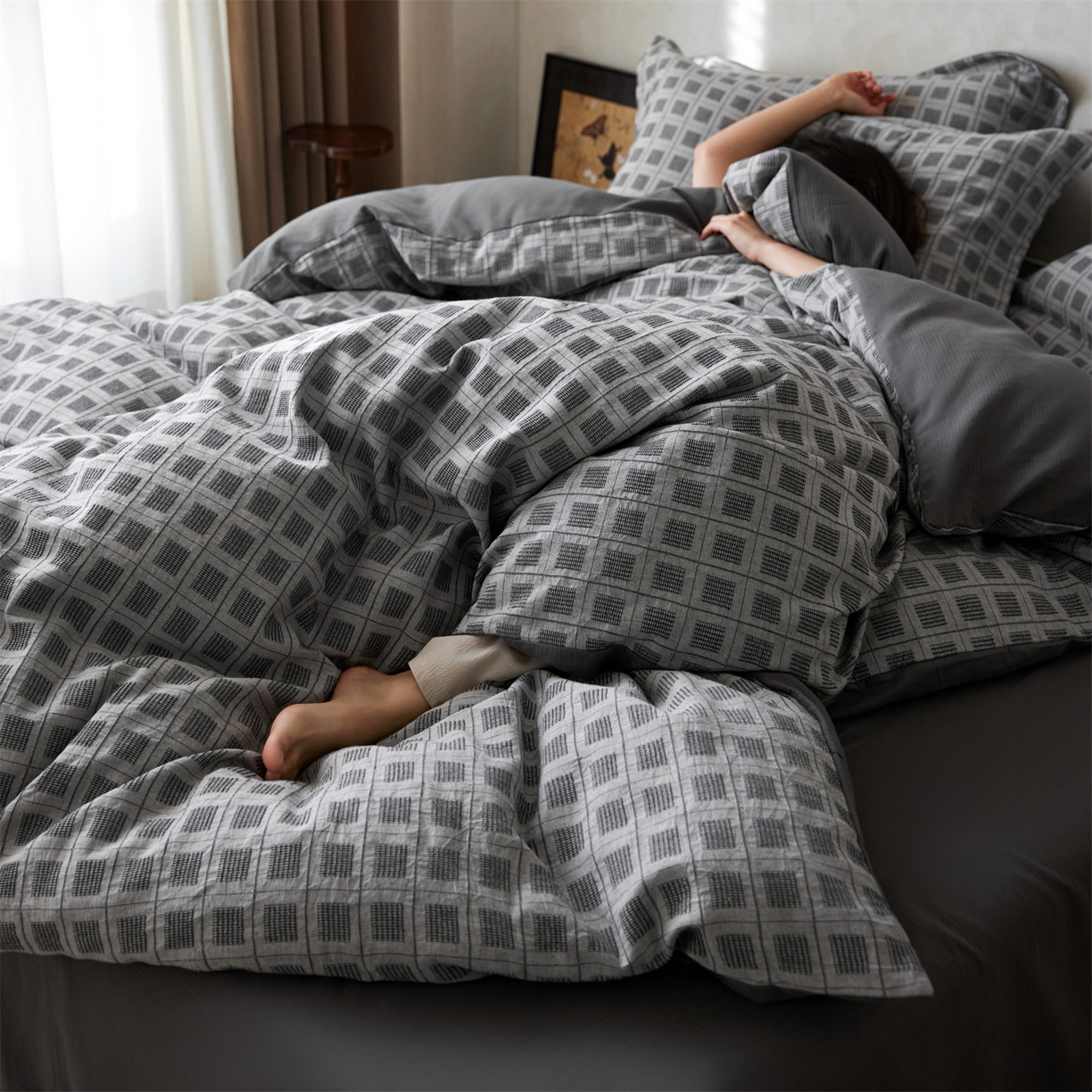 91家纺网 家纺一手货源 找家纺 笙意家纺 2025新款全棉A版棉麻提花B版13372四件套-乔屿系列 乔屿蓝