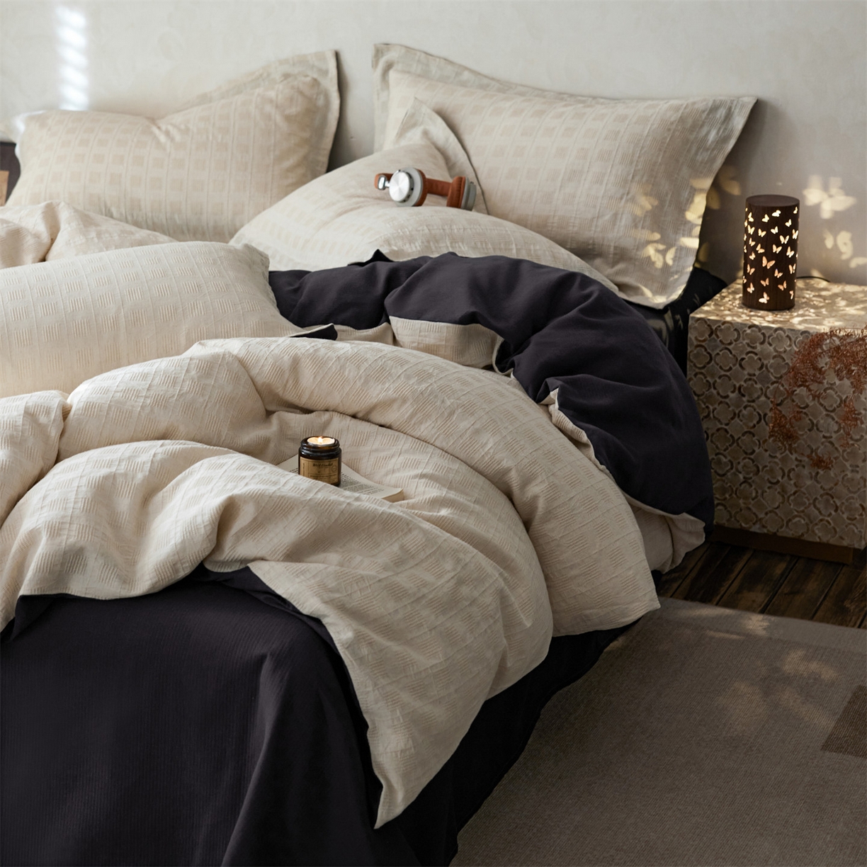 91家纺网 家纺一手货源 找家纺 笙意家纺 2025新款全棉A版棉麻提花B版13372四件套-乔屿系列 乔屿米