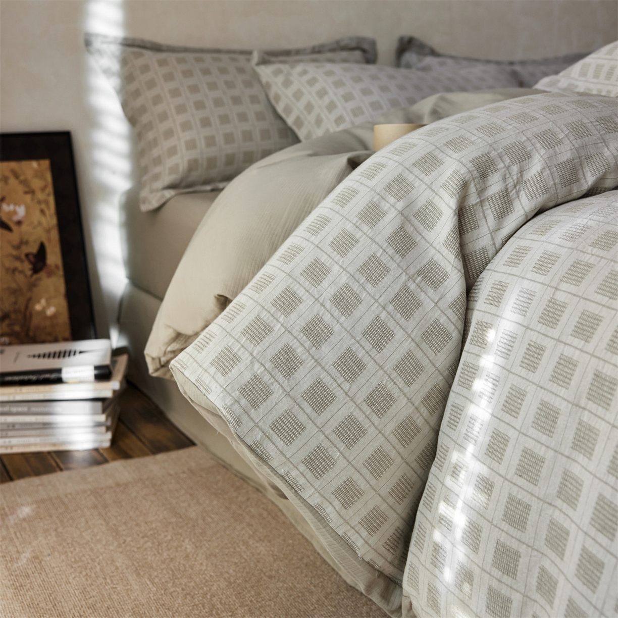 91家纺网 家纺一手货源 找家纺 笙意家纺 2025新款全棉A版棉麻提花B版13372四件套-乔屿系列 乔屿绿