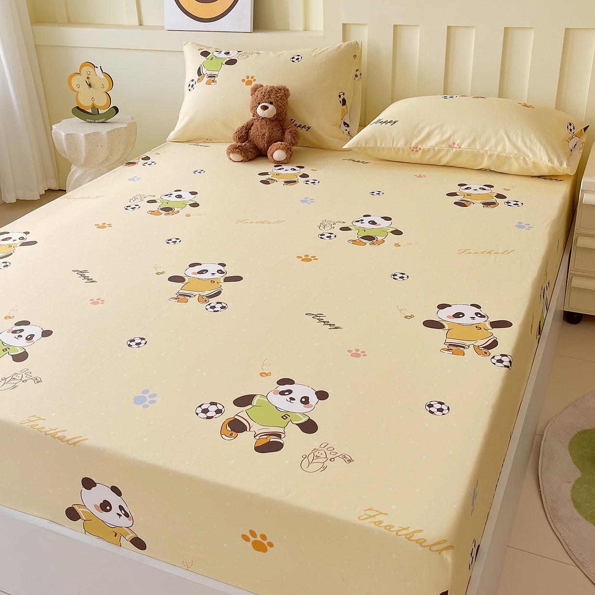 91家纺网 家纺一手货源 找家纺 金鑫汇家纺 2026新款13070全棉单品套件系列-成人床：A版单床笠 足球争霸赛-黄