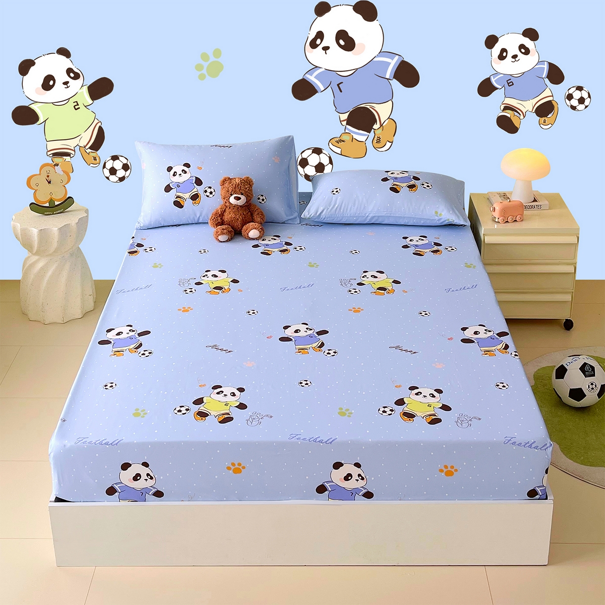 91家纺网 家纺一手货源 找家纺 金鑫汇家纺 2026新款13070全棉单品套件系列-成人床：A版单床笠 足球争霸赛-蓝