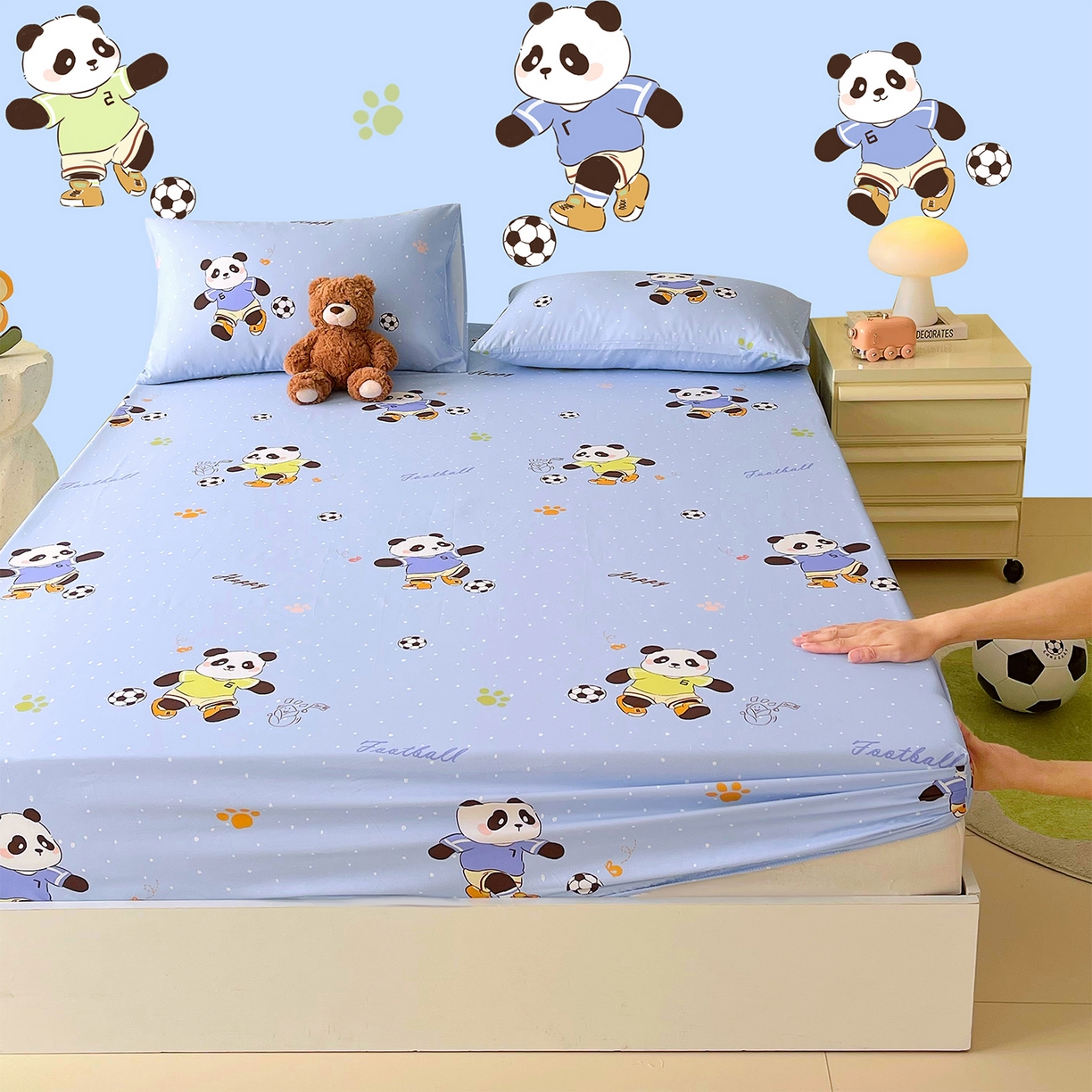 91家纺网 家纺一手货源 找家纺 金鑫汇家纺 2026新款13070全棉单品套件系列-成人床：A版单床笠 足球争霸赛-蓝