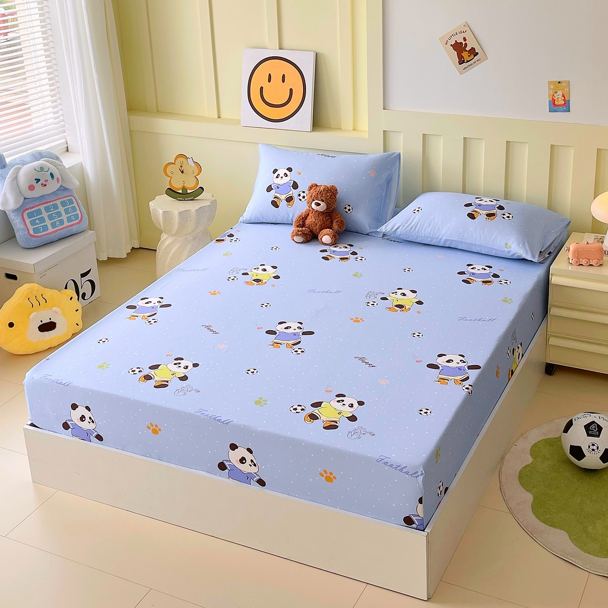 91家纺网 家纺一手货源 找家纺 金鑫汇家纺 2026新款13070全棉单品套件系列-成人床：A版单床笠 足球争霸赛-蓝