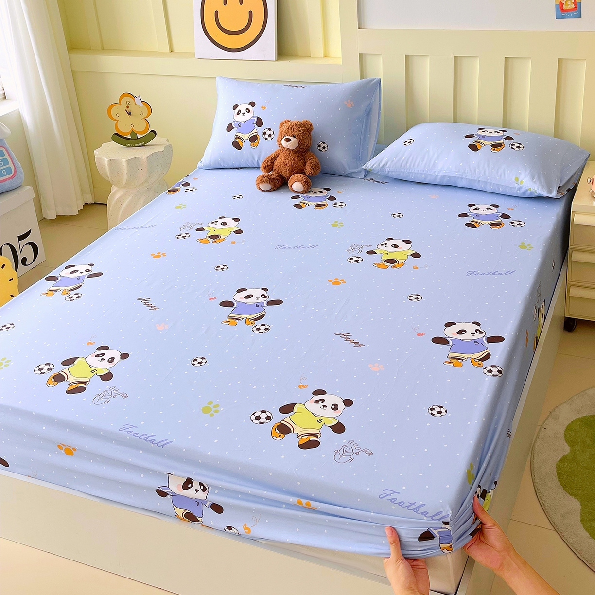 91家纺网 家纺一手货源 找家纺 金鑫汇家纺 2026新款13070全棉单品套件系列-成人床：A版单床笠 足球争霸赛-蓝