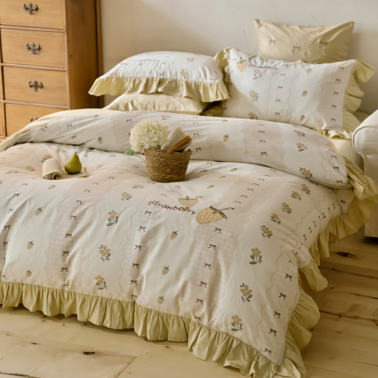 91家纺网 家纺一手货源 找家纺 （总）FORTWO家纺原创设计（FOR TWO家纺） 2026新款50长绒棉印花+绣花荷叶花边系列四件套 会员-20（券前）基础价不低于中号388元，大号418元 床笠加10元