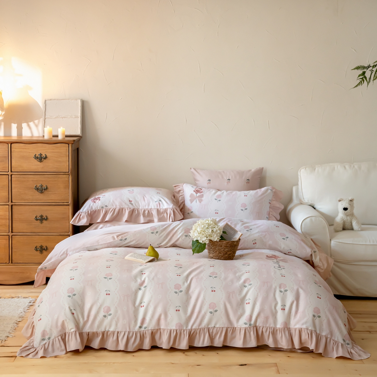 FORTWO家纺原创设计（FOR TWO家纺） 2026新款50长绒棉印花+绣花荷叶花边系列四件套 会员-20（券前）基础价不低于中号388元，大号418元 床笠加10元 朵朵花