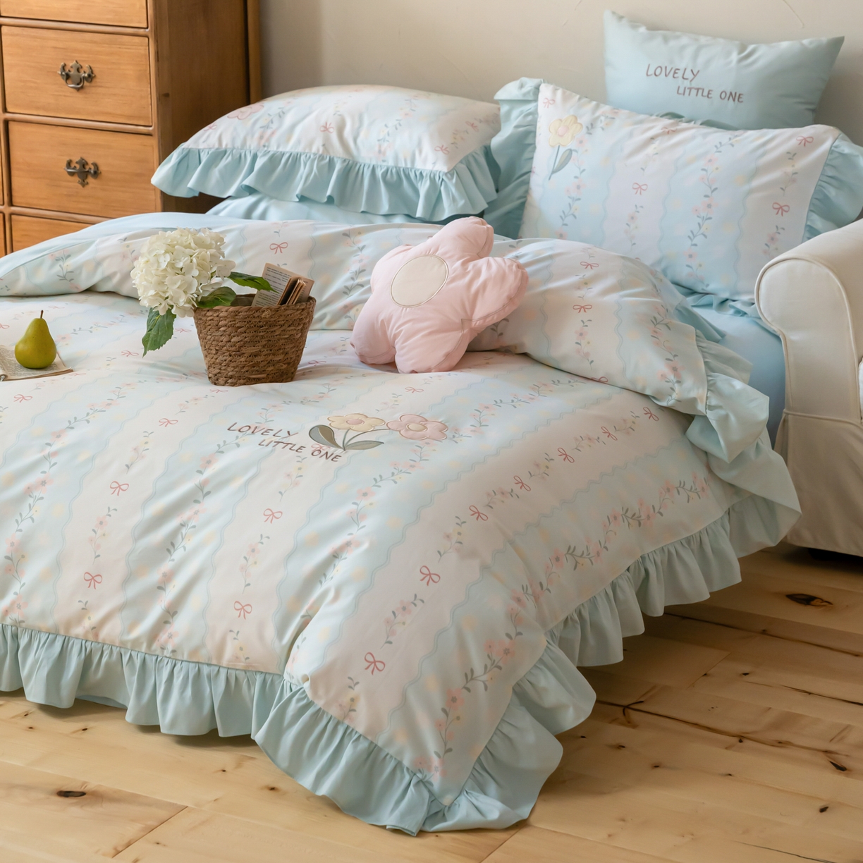 91家纺网 家纺一手货源 找家纺 FORTWO家纺原创设计（FOR TWO家纺） 2026新款50长绒棉印花+绣花荷叶花边系列四件套 会员-20（券前）基础价不低于中号388元，大号418元 床笠加10元 枕花眠