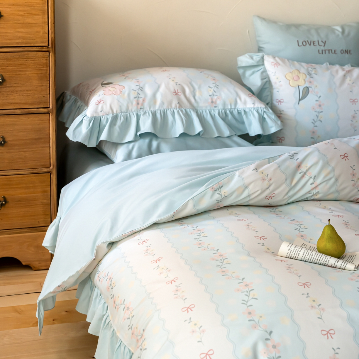 91家纺网 家纺一手货源 找家纺 FORTWO家纺原创设计（FOR TWO家纺） 2026新款50长绒棉印花+绣花荷叶花边系列四件套 会员-20（券前）基础价不低于中号388元，大号418元 床笠加10元 枕花眠