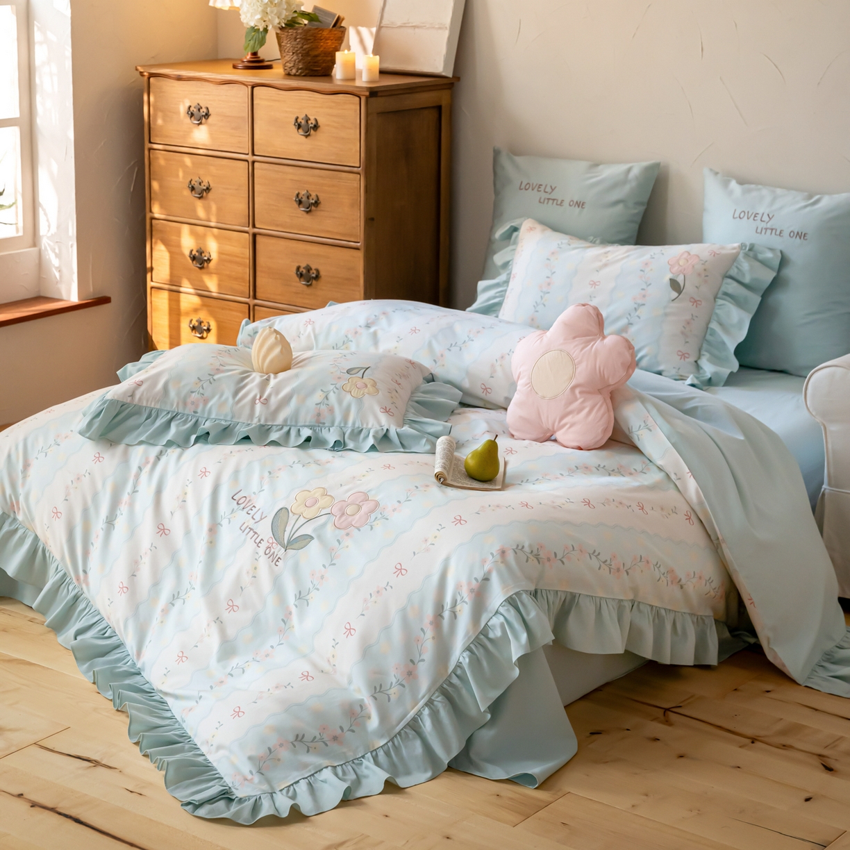 91家纺网 家纺一手货源 找家纺 FORTWO家纺原创设计（FOR TWO家纺） 2026新款50长绒棉印花+绣花荷叶花边系列四件套 会员-20（券前）基础价不低于中号388元，大号418元 床笠加10元 枕花眠