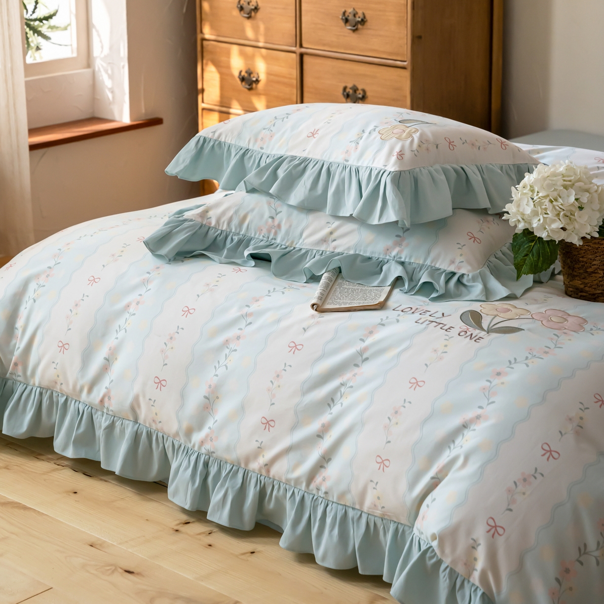 91家纺网 家纺一手货源 找家纺 FORTWO家纺原创设计（FOR TWO家纺） 2026新款50长绒棉印花+绣花荷叶花边系列四件套 会员-20（券前）基础价不低于中号388元，大号418元 床笠加10元 枕花眠