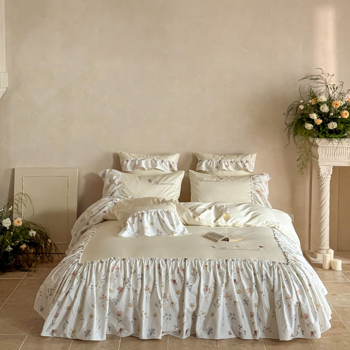 FORTWO家纺原创设计（FOR TWO家纺） 2026新款50长绒棉印花+绣花荷叶大花边系列四件套 会员-20（券前）基础价不低于中号418元，大号458元 床笠加10元 花未眠-米黄