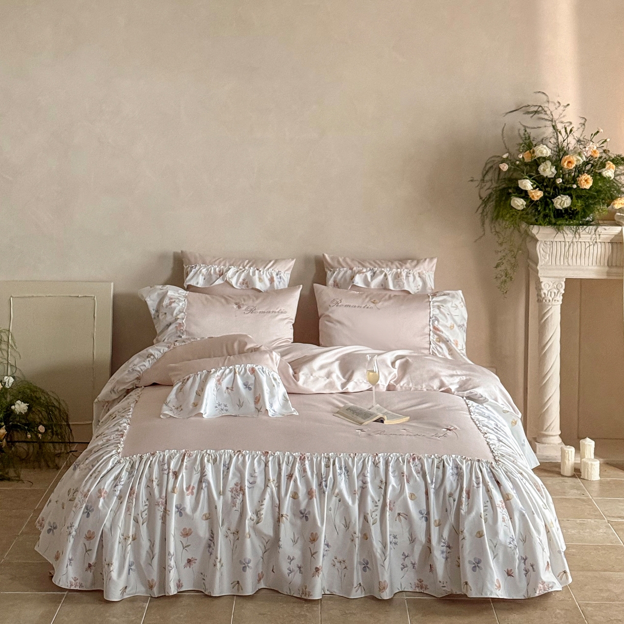 FORTWO家纺原创设计（FOR TWO家纺） 2026新款50长绒棉印花+绣花荷叶大花边系列四件套 会员-20（券前）基础价不低于中号418元，大号458元 床笠加10元 花未眠-粉