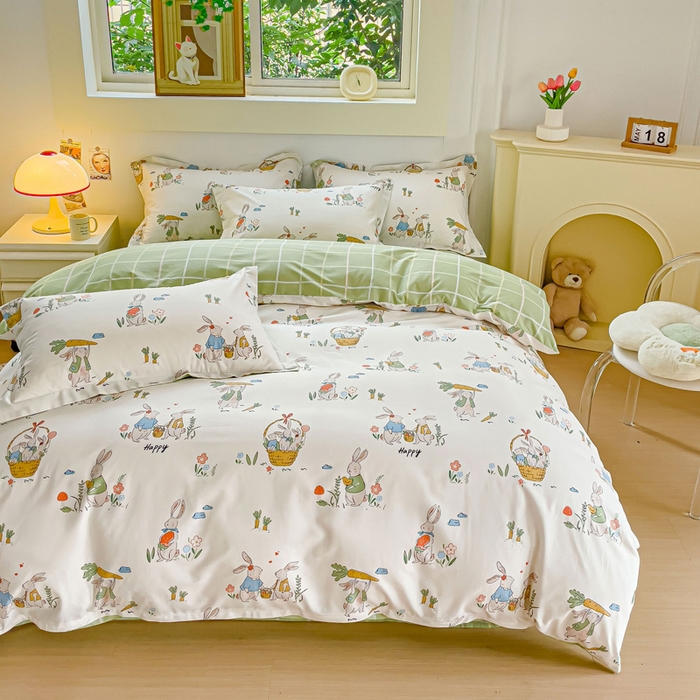 91家纺网 家纺一手货源 找家纺 金鑫汇家纺 2026新款13070全棉单品套件系列-套件：四件套 收获满满绿格