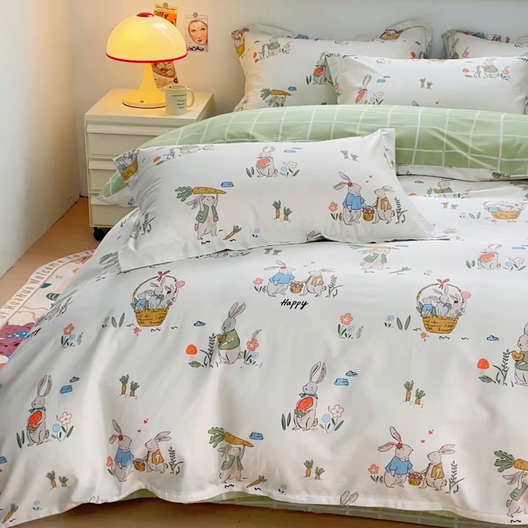 91家纺网 家纺一手货源 找家纺 金鑫汇家纺 2026新款13070全棉单品套件系列-套件：四件套 收获满满绿格