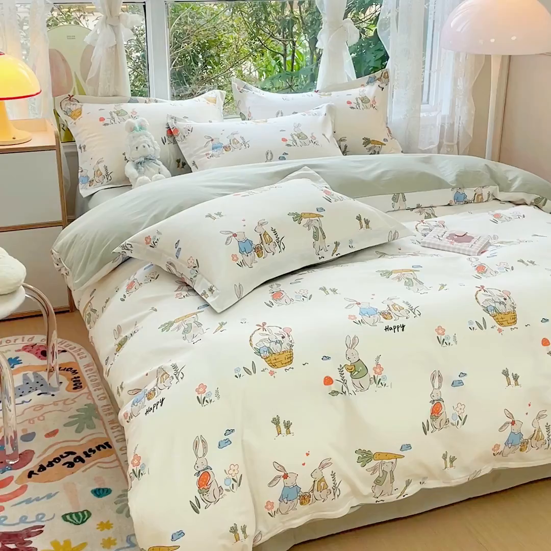 91家纺网 家纺一手货源 找家纺 金鑫汇家纺 2026新款13070全棉单品套件系列-套件：四件套 收获满满绿色