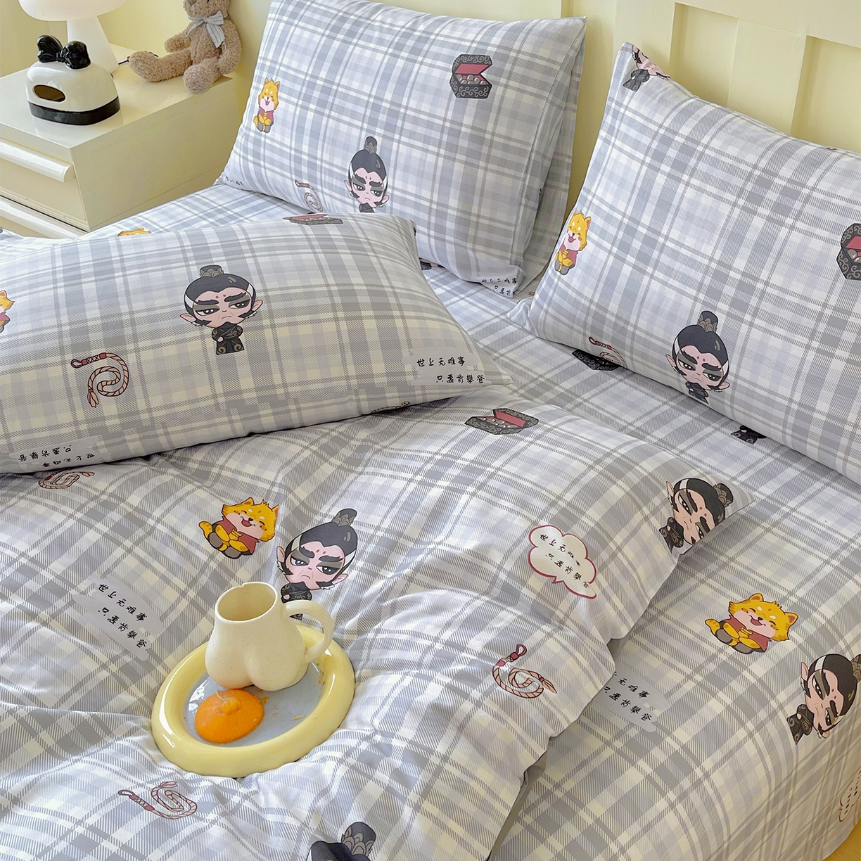 91家纺网 家纺一手货源 找家纺 金鑫汇家纺 2026新款13070全棉单品套件系列-套件：四件套 无畏申公豹-灰