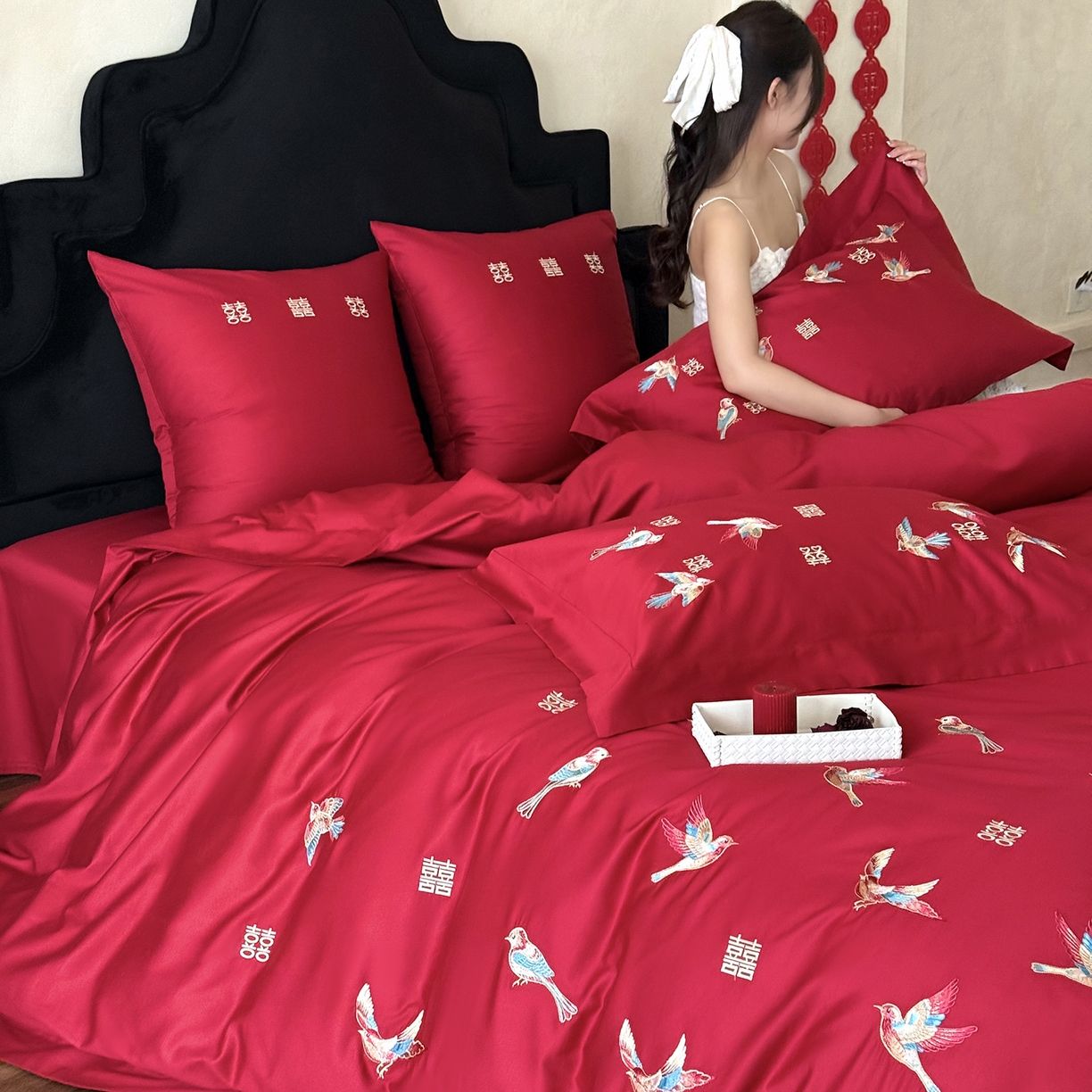 91家纺网 家纺一手货源 找家纺 （总）江涞 2025新款100支长绒棉刺绣四件套-鹊喜（券后不低于368/388）