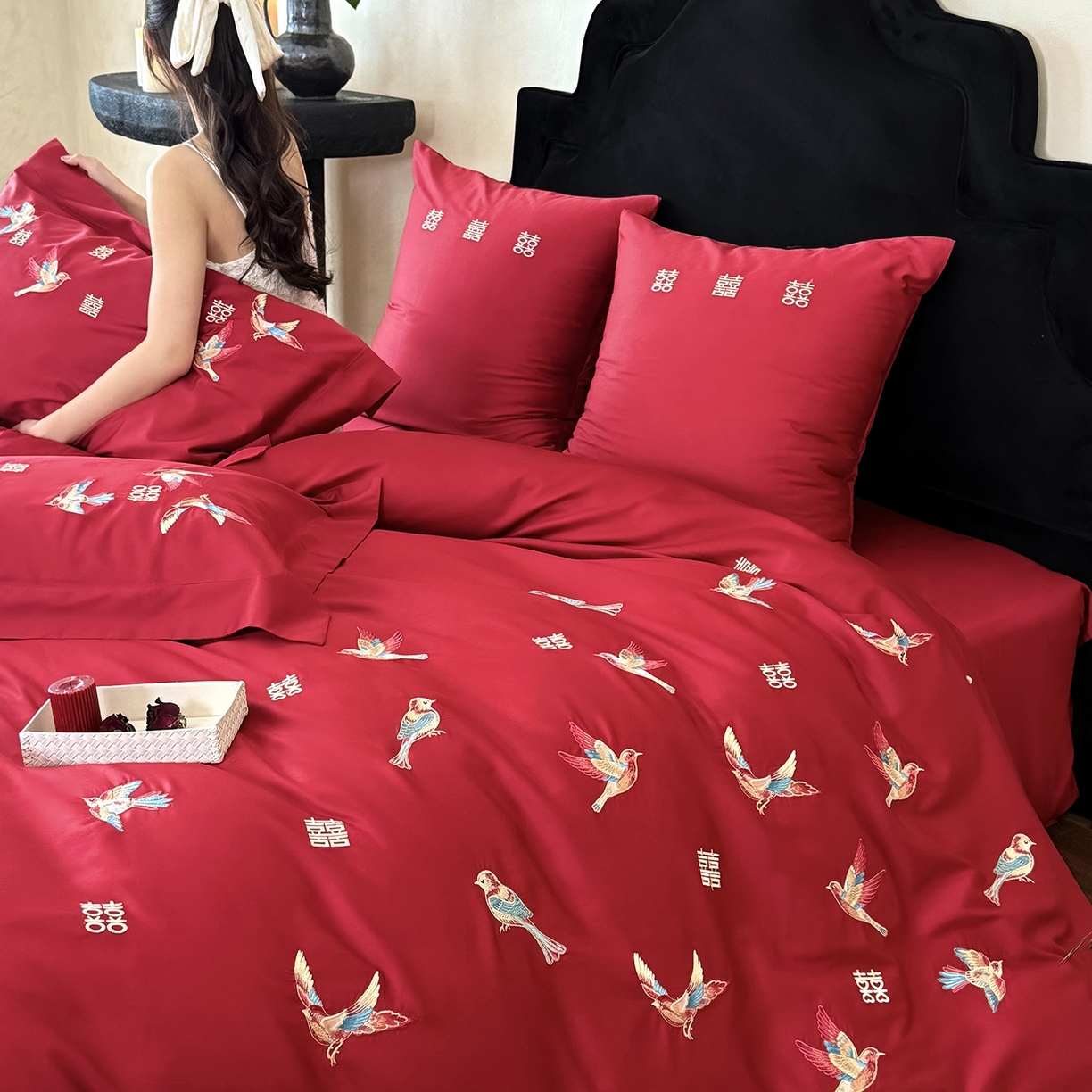 91家纺网 家纺一手货源 找家纺 （总）江涞 2025新款100支长绒棉刺绣四件套-鹊喜（券后不低于368/388）