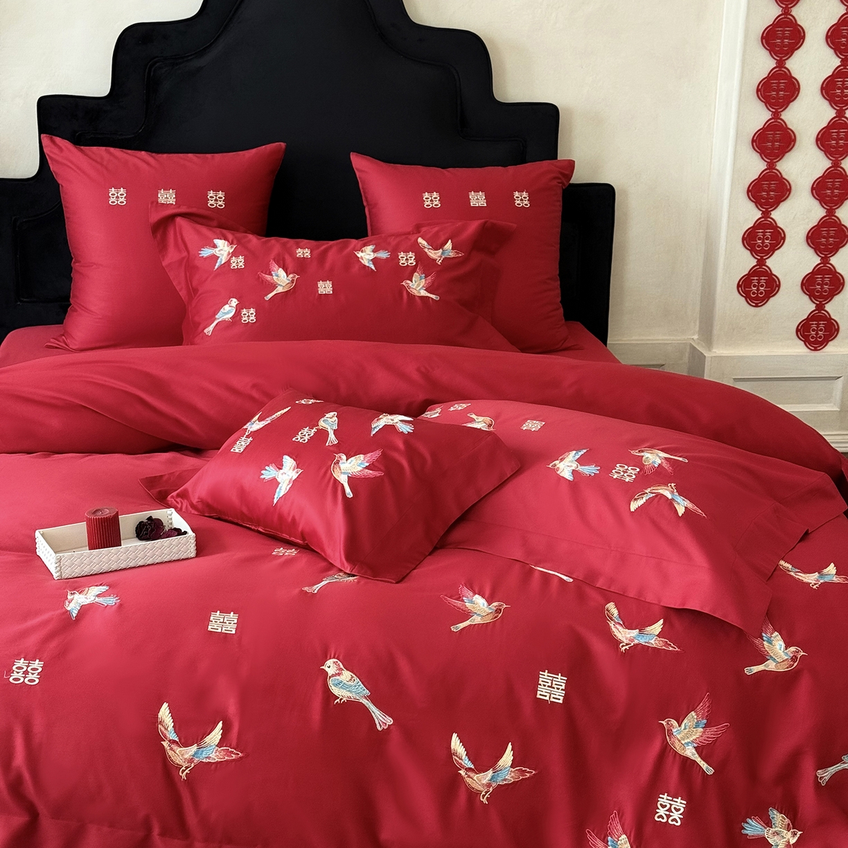 91家纺网 家纺一手货源 找家纺 （总）江涞 2025新款100支长绒棉刺绣四件套-鹊喜（券后不低于368/388）