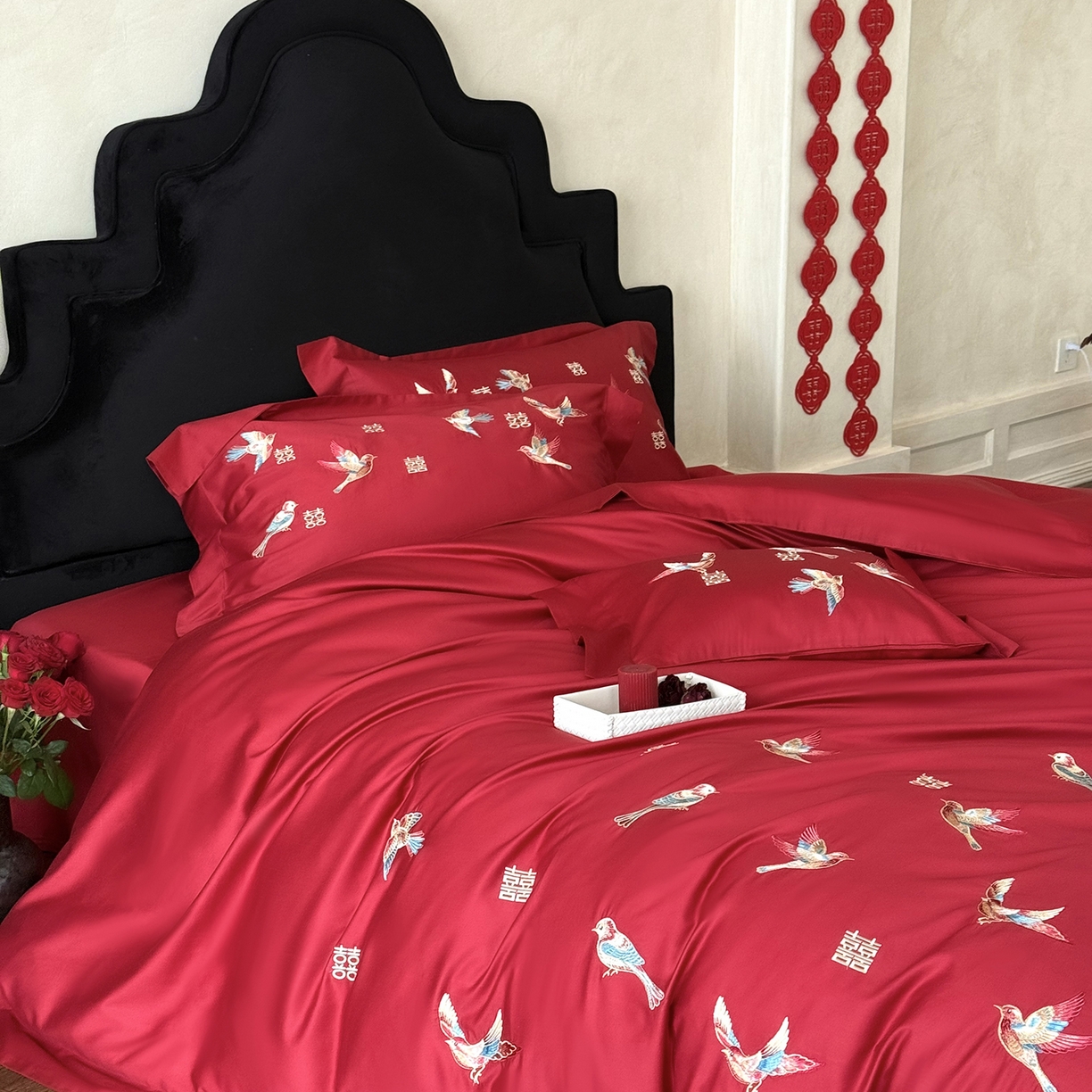 91家纺网 家纺一手货源 找家纺 （总）江涞 2025新款100支长绒棉刺绣四件套-鹊喜（券后不低于368/388）