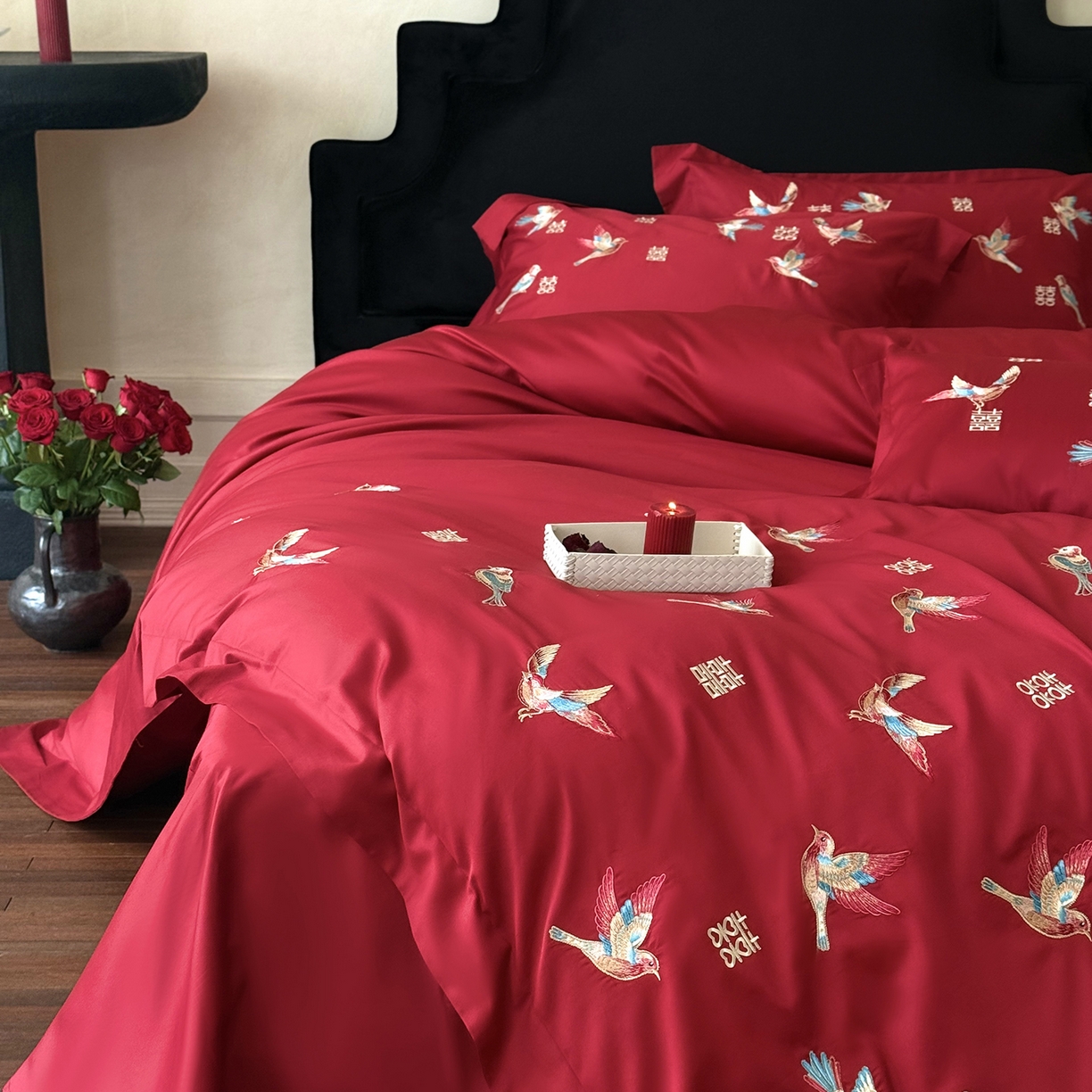 91家纺网 家纺一手货源 找家纺 （总）江涞 2025新款100支长绒棉刺绣四件套-鹊喜（券后不低于368/388）