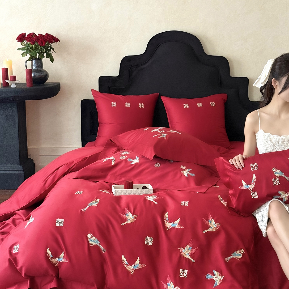 91家纺网 家纺一手货源 找家纺 （总）江涞 2025新款100支长绒棉刺绣四件套-鹊喜（券后不低于368/388）