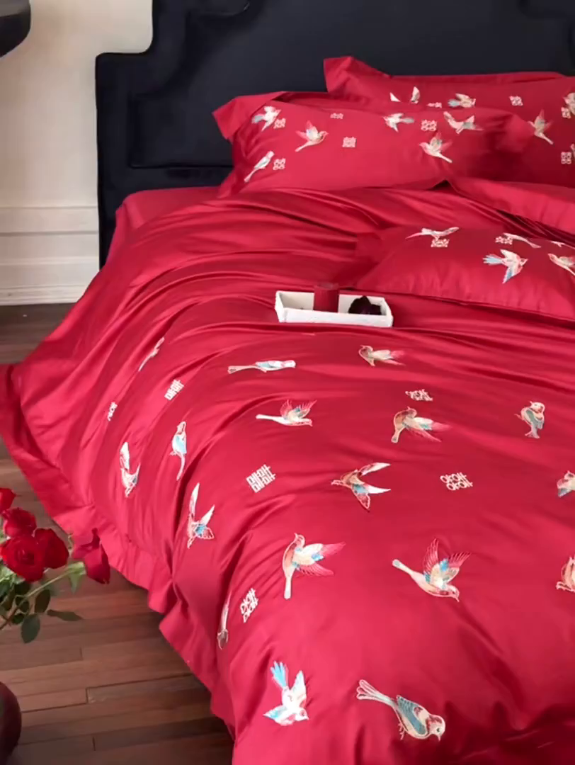 91家纺网 家纺一手货源 找家纺 （总）江涞 2025新款100支长绒棉刺绣四件套-鹊喜（券后不低于368/388）