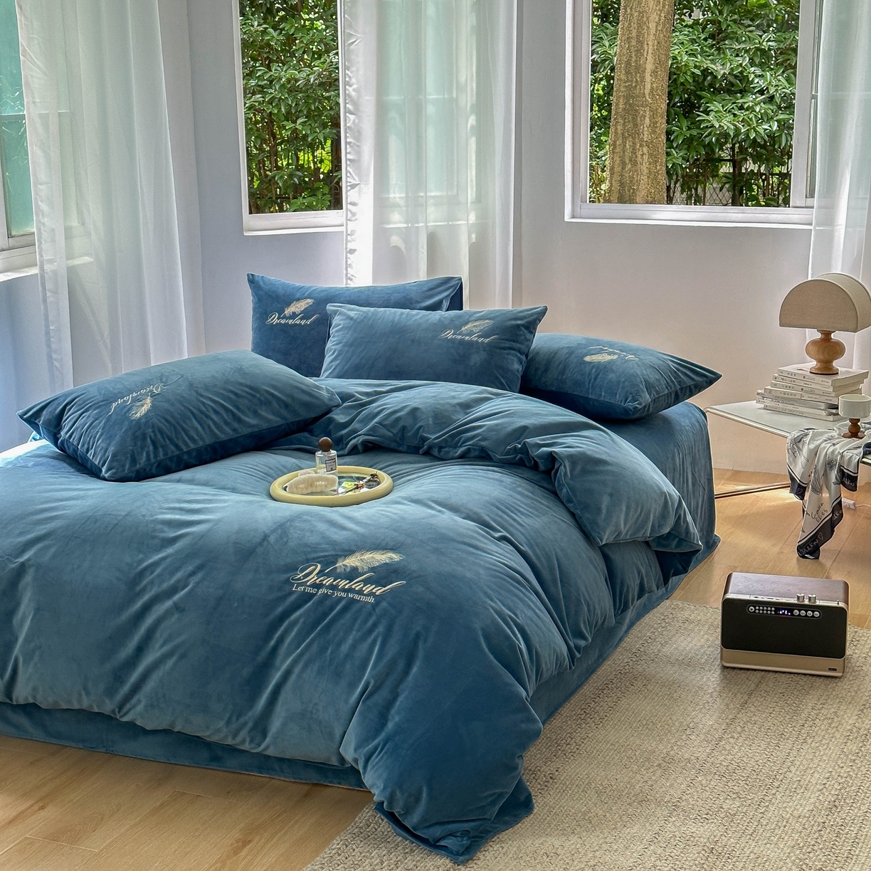 爱彼家纺 2026新款羽毛水晶绒四件套-系列四 羽毛-宝蓝