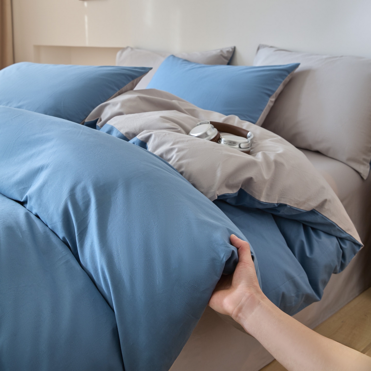 91家纺网 家纺一手货源 找家纺 （总）泽西家纺+V17798841158发大图 2026新品A类全棉13376简约纯色双拼全棉四件套单被套枕套三件套