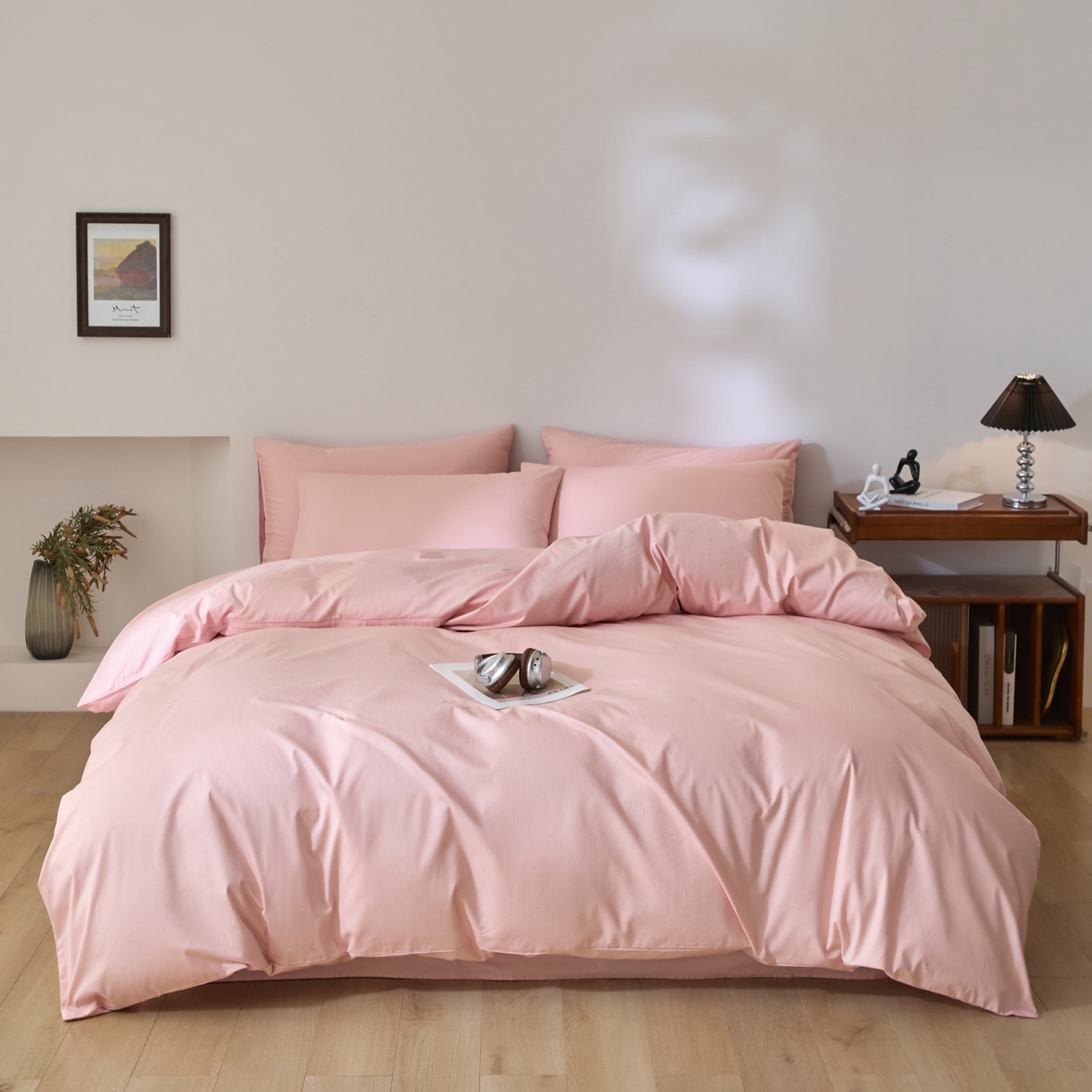 91家纺网 家纺一手货源 找家纺 泽西家纺+V17798841158发大图 2026新品A类全棉13376简约纯色双拼全棉四件套单被套枕套三件套 浅喜粉