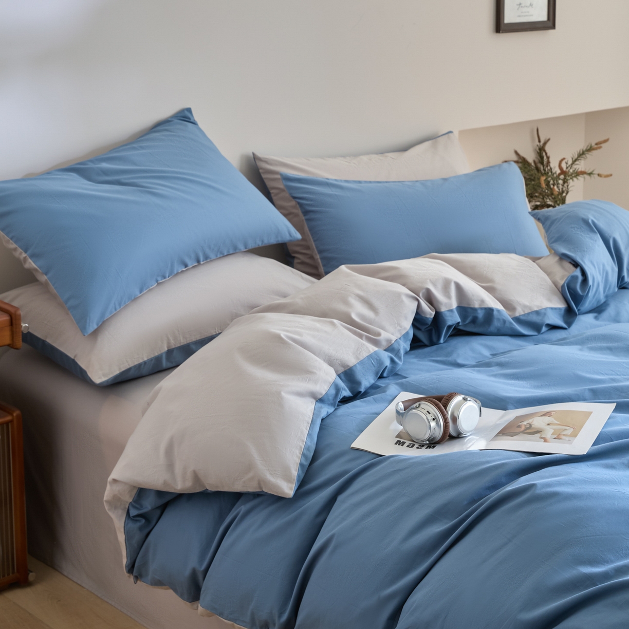 91家纺网 家纺一手货源 找家纺 （总）泽西家纺+V17798841158发大图 2026新品A类全棉13376简约纯色双拼全棉四件套单被套枕套三件套