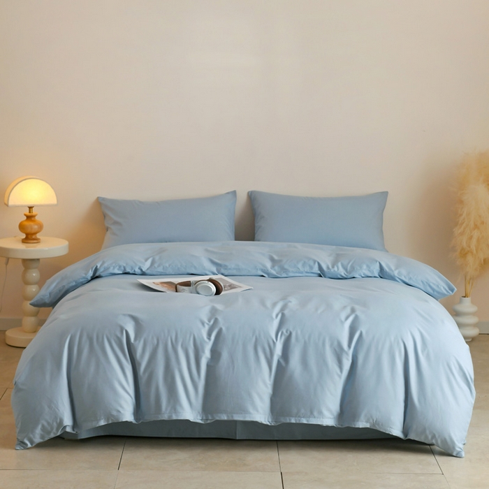 91家纺网 家纺一手货源 找家纺 泽西家纺+V17798841158发大图 2026新品A类全棉13376简约纯色双拼全棉四件套单被套枕套三件套 雾蓝