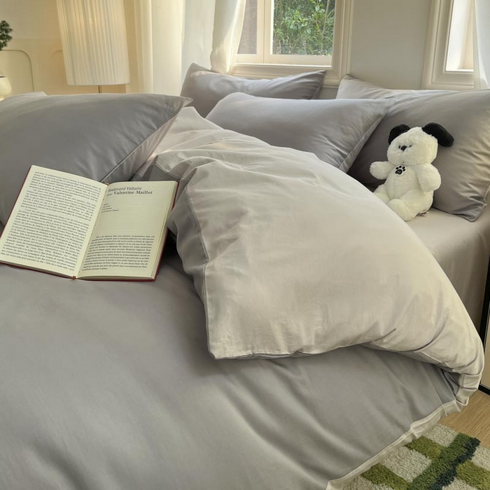 91家纺网 家纺一手货源 找家纺 泽西家纺+V17798841158发大图 2026新品A类全棉13376简约纯色双拼全棉四件套单被套枕套三件套 深灰+浅灰