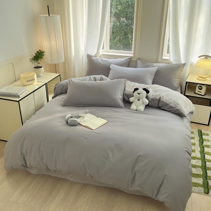 91家纺网 家纺一手货源 找家纺 泽西家纺+V17798841158发大图 2026新品A类全棉13376简约纯色双拼全棉四件套单被套枕套三件套 深灰+浅灰